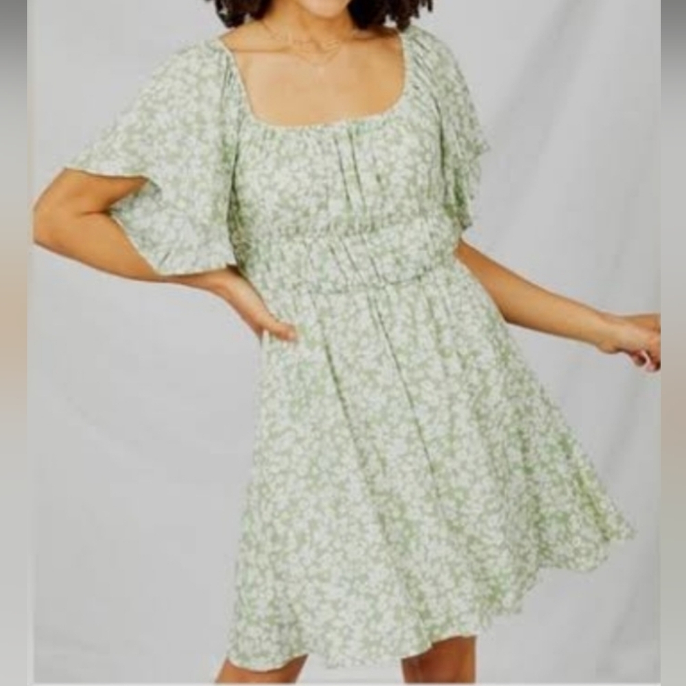 Altar'd State Giada Green Floral Smocked Mini Dress Flutter Sleeve XS